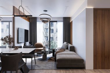 Modern tasarımcı oturma odasının modern bir tarzı var. 3B illüstrasyon