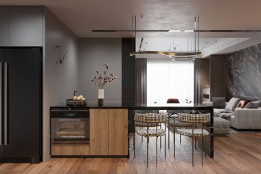 Minimalist mutfak, gösterişli aletler ve basit aksesuarlarla dolu.