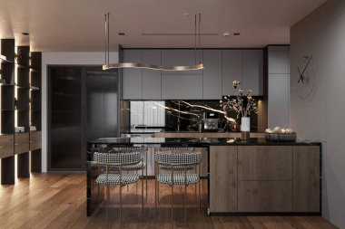 Modern mutfak iç mimarisi, planlanmış ahşap döşemeli çağdaş mutfak.