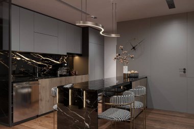 Tabureli ve ahşap zeminli siyah tezgahlı modern mutfak..