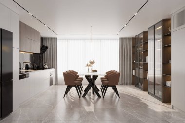 Modern yemek odası, aile masası ve koltuklar açık bir iç planda.