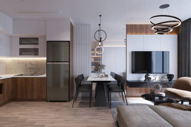 Modern oturma odası, mutfak ve yemek odası açık konsept bir apartmanda.