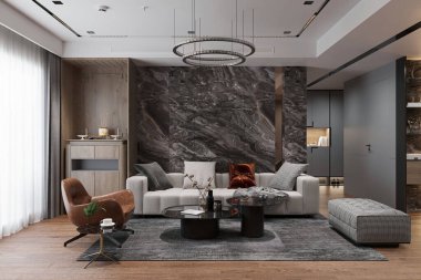 Şık mobilyaları olan panoramik Gri Salon