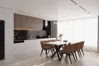 ev partileri için mükemmel yemek masası olan modern tarz mutfak iç mekanı.