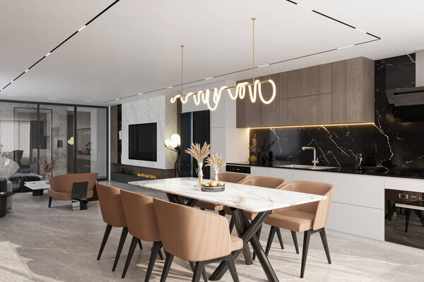 Interior of modern Elegant Minimalist kitchen or dining room.