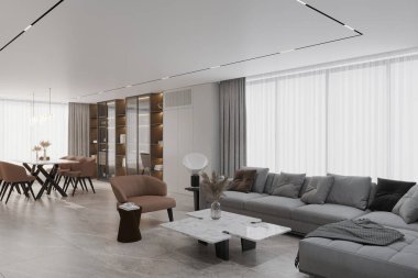 Oturma odasında şık ve şık giyinmenin ve makyajın üç boyutlu bir örneği..