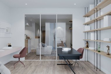 Pembe sandalyesi, siyah beyaz masası ve süslemeleri olan bir ofis..