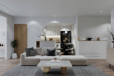 Beyaz ve Doğa Dokunuşlu Oturma Odanızın İçi, Gri halıda Kadife Kanepe