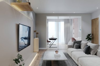 Kanepesi ve ahşap zemini olan bir oturma odası. Konut binasının içerisinin 3D görüntülemesi.