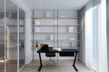 Minimalist iç mimari, beyaz duvar kitaplığı, siyah masa ve sandalye.