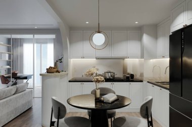 Yemek masası ve sandalyeli modern lüks minimalist mutfak.