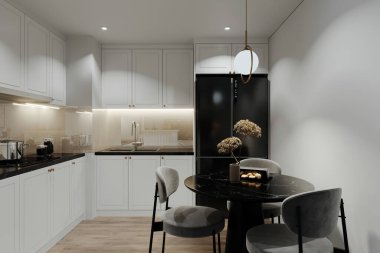 Mutfakta minimalist estetik tasarım ışıklandırması olan şık bir yemek odası.