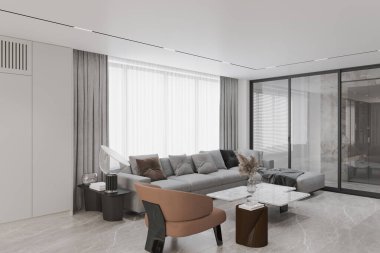 Nane desenli kanepesi olan şık bir oturma odası ve gün ışığında geçiş mobilyaları.