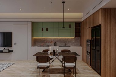 Şık bir ev modern bir mutfak, şık bir yemek masası, ahşap dokunuşlar ve bir parke zemin sergiliyor.