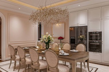 Kristal avizesi, geleneksel yemek masası ve sandalyeleri olan geleneksel bir yemek odası.