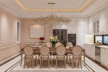 Sandalyelerle çevrili oval yemek masası olan zarif bir yemek odası.