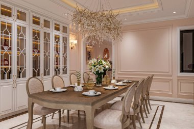 Geleneksel sandalyeleri ve çiçek kutusu olan lüks Charm Tahta aile masası.