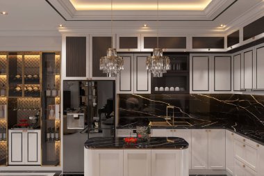 Modern mutfak tasarımları ve iç dekorasyon fikirlerini sergilemek için kullanılan açık bir mutfak.