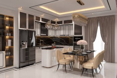 Modern mutfak iç dekorasyonu modern tarzda yemek masası, siyah ve beyaz tonlarda mutfak.