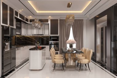 Modern mutfak, mutfak ve yemek masası çağdaş tarzda.