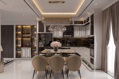 Yemek odası ve şık aletleri olan modern bir mutfak.