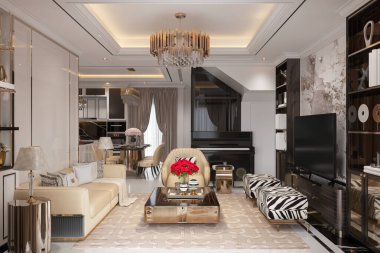 Modern Lüks Oturma Odası. Deri koltuklu ve Hollywood tarzında tasarlanmış.