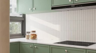 Minimalist ahşap ve açık yeşil mutfaklı, adalı, beyaz fayanslı modern iç tasarım. Gün ışığı efektli 3 boyutlu animasyon.