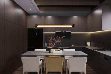 Açık yemek alanı olan çağdaş bir mutfak.