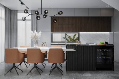 Parlak mutfak odası. Panoramik pencereli. Yemek masası ve sandalyeli.