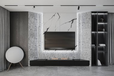 Minimalist beyaz mermer bir duvarı ve şöminesi olan sofistike bir oturma odası.