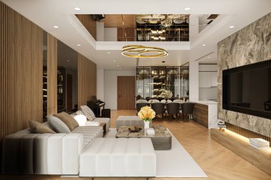 Yüksek kaliteli mobilyaları olan modern oturma odası.