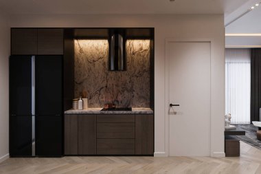 Modern mutfak gereçleri ve şık dekorlarla donatılmış şık bir mutfak.