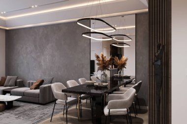 Masası, sandalyeleri ve kanepesi olan yanıltıcı bir yer. İç tasarım kavramları için ideal