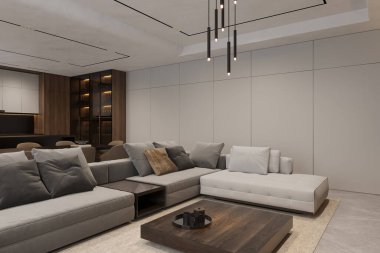 Şatafatlı ve modern bir oturma odası. Büyük bir kanepe ve avizesi var.