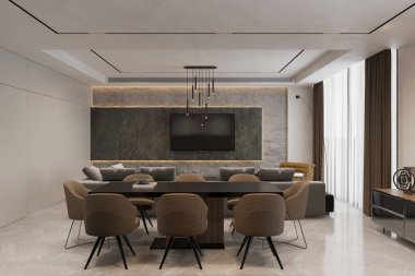 Modern bir yemek masası ve sandalyeli bir çatı katı yemek odasını oturma odasına dönüştürmek.