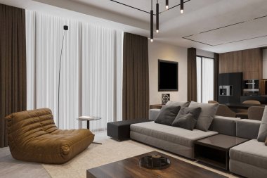 Konforlu ve modern bir oturma odası, büyük bir bölmeli kanepe, rahat bir atmosfer yaratır.