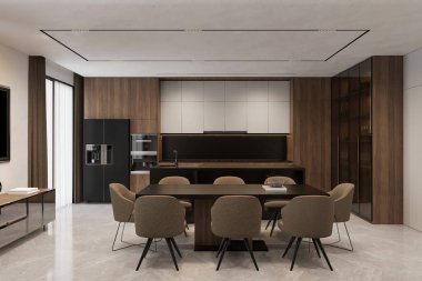 Modern tarzda bir dairede yemek odası bej renkli koltuklar ve siyah yemek masası.