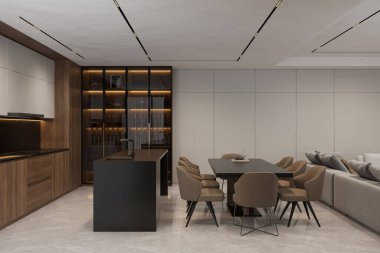 Modern tarzda bir dairede yemek odası yemek masası ve açık bir mutfakta oturma sandalyeleri.