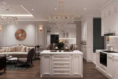 Geleneksel mutfaktan yakın çekim barlı mutfak.