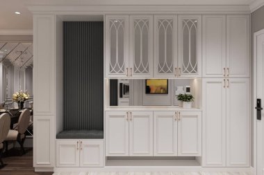 Beyaz Ayakkabı Depolama Birimi ve Beyaz Boyalı Çağdaş Fuar İç Tasarımı