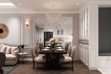 Lüks yemek odasında geleneksel sandalyeler ve büyük bir aile masası bulunuyor.