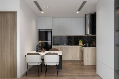 Modern evin içini yemek ve mutfağa çevirin. 3B görüntüleme.