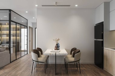 Ahşap zemini ve açık mutfağı olan modern minimalist yemek odası.