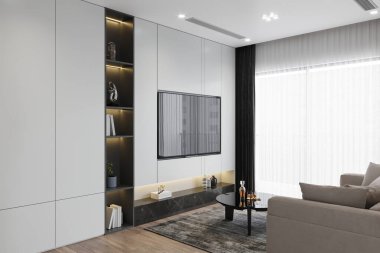 Kanepesi olan modern minimalist iç mekan. 3B görüntüleme