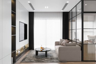 Oturma odasının modern lüksü parlak ve temizdir..