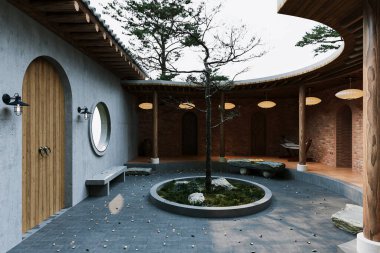 Bir ağaç, minimalist tasarım ve geleneksel mimari tasarım içeren sakin bir Japon avlusu.
