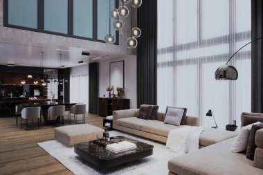 Yüksek tavanlı günbatımı temalı bir oturma odası, rahat bir kanepe ve şömine, büyük pencerelerden güneş ışığı.