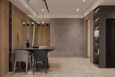 Modern ve zeki bir iç mekanı olan geniş bir yemek odası.