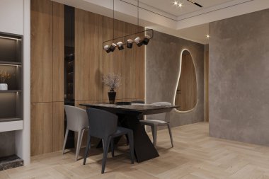 Olağanüstü bir yemek masası ve sandalyeleri olan modern bir yemek..