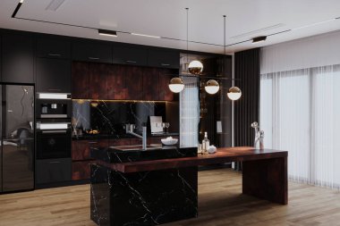 Modern Yaşam ve Rahatlama İçin 3D Mutfak Konsepti Tarz ve Davet Alanı